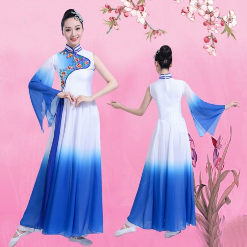 Women's Chinese folk dance costumes royal blue gradient colored  ancient fairy cosplay  traditional yangko fan dancing dresses